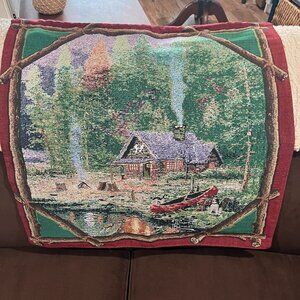 Vintage Tapestry Wall Hanging Thomas Kinkade Tradtional Grandma Cabin Cottagecor